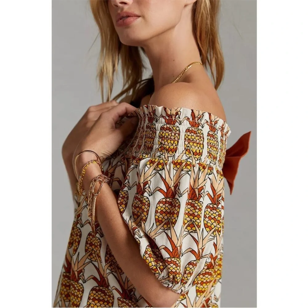 Anthropologie Porridge Printed Bow Back Top Pineapple New Off The Shoulder Small - Picture 5 of 9